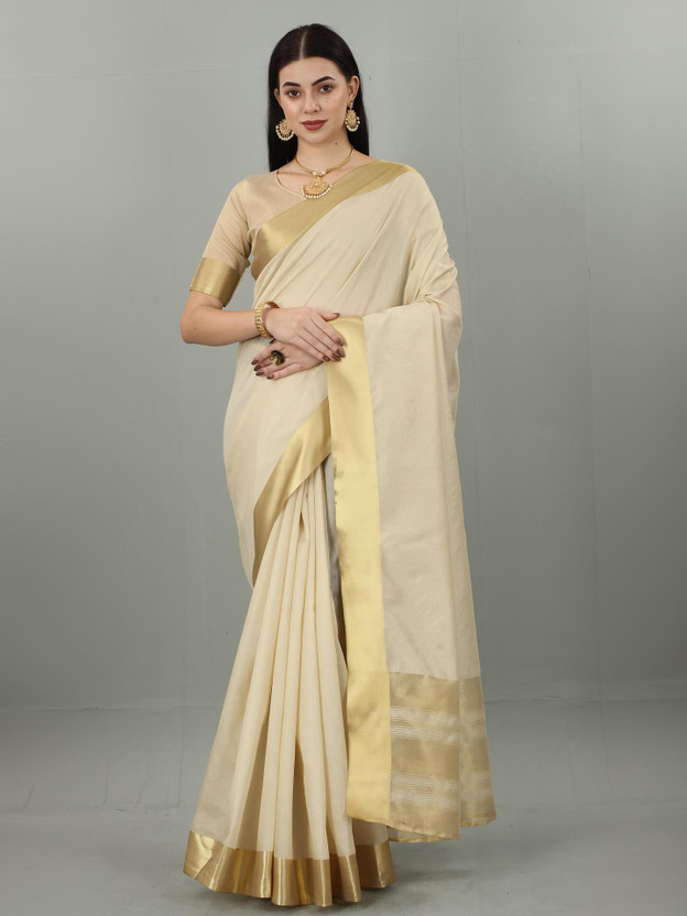 THE52 Self Design Kasavu Cotton Blend Saree(Cream)