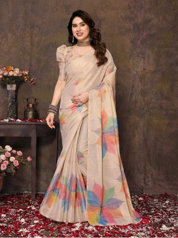 Quexle Striped Handloom Cotton Blend Saree(Cream)