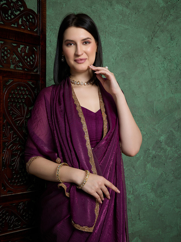 Dhimahi Solid/Plain Bollywood Chiffon Saree(Purple)