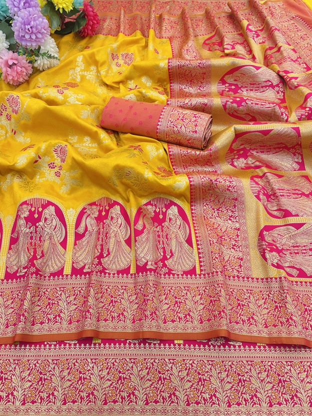 KanjiQueen Woven Banarasi Silk Blend, Pure Silk Saree(Gold, Pink)