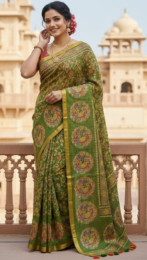 Raagratan Digital Print Bollywood Cotton Blend Saree(Green)