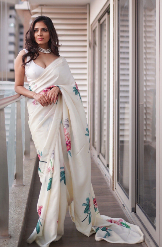 Fabian Fashion Floral Print, Digital Print Bollywood Satin Saree(White)