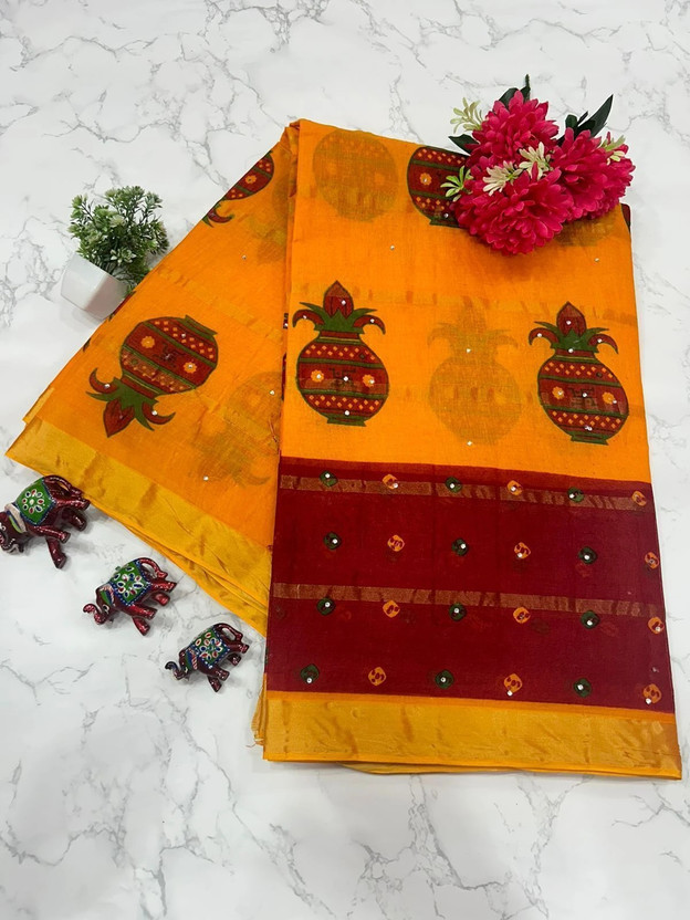KRISHNA KRISHNA NX Printed Daily Wear Pure Cotton Saree(Gold) - Flipkart Deal