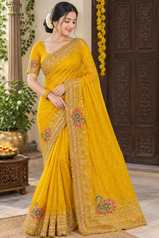 ARUSHI FASHION HUB Embroidered, Embellished Bollywood Art Silk, Satin Saree(Yellow)