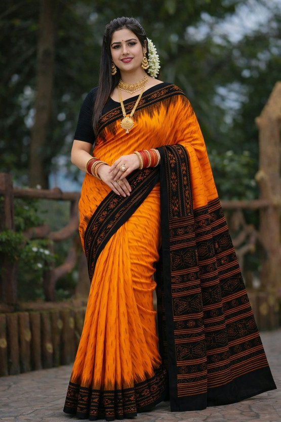 Sumit Textiles Printed Sambalpuri Cotton Blend Saree(Orange, Black)