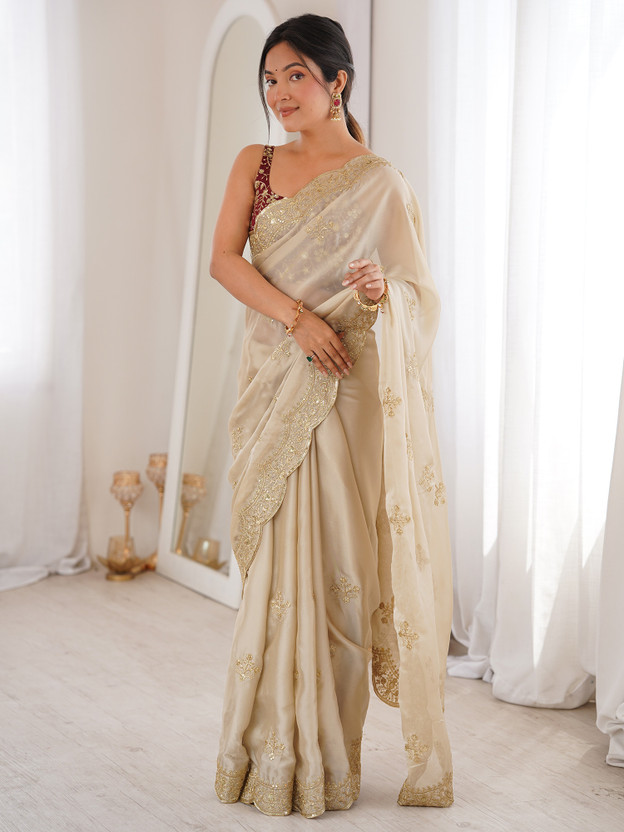 Sareemall Embellished Bollywood Georgette Saree(Cream)