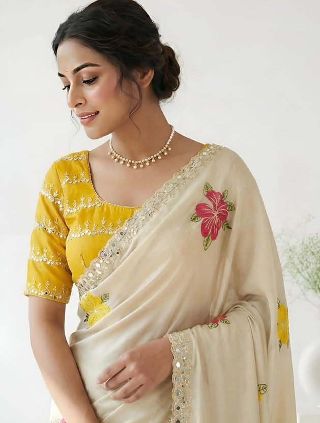 Babiba impex Embroidered, Embellished Daily Wear Georgette Saree(Cream)