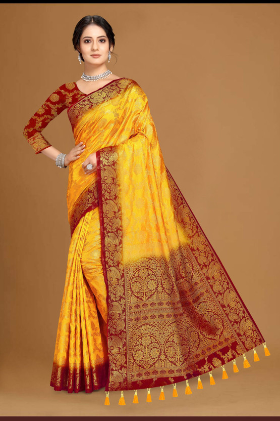 COSBILA FASHION Woven Banarasi Cotton Silk Saree(Yellow)