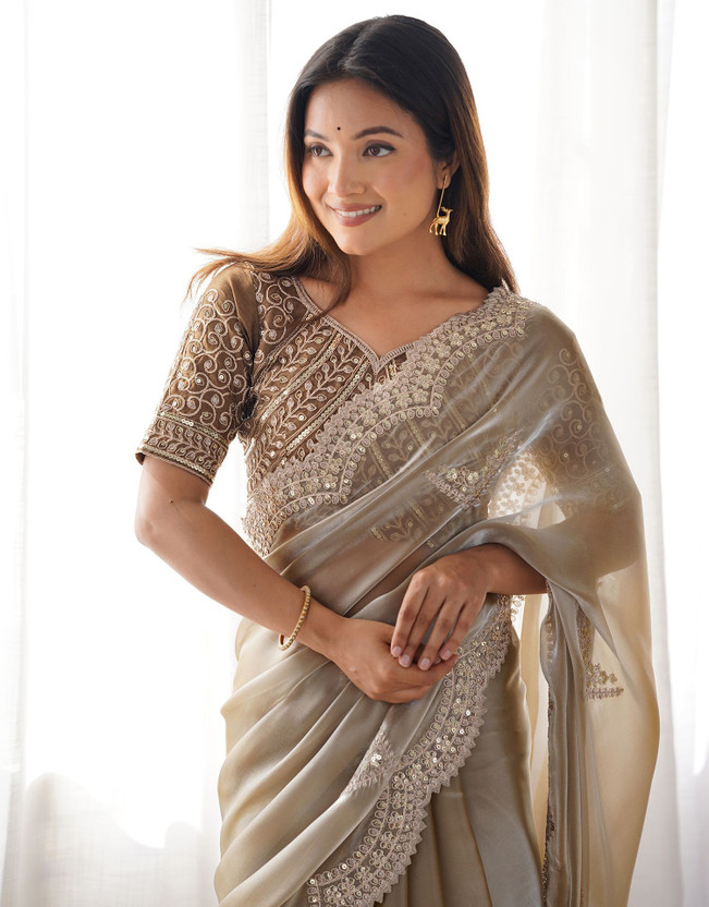 Samah Embellished, Embroidered Bollywood Tissue Saree(Beige)