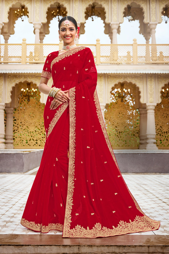 Laxmipati sarees Embroidered Bollywood Organza Saree(Red)
