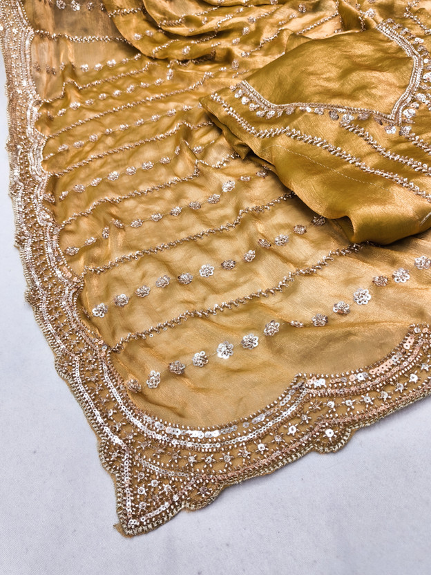 GEZREL Woven, Embellished, Self Design Bollywood Chiffon Saree(Gold)