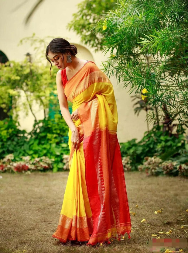 SLAGHA Self Design Handloom Cotton Blend Saree(Red, Yellow)