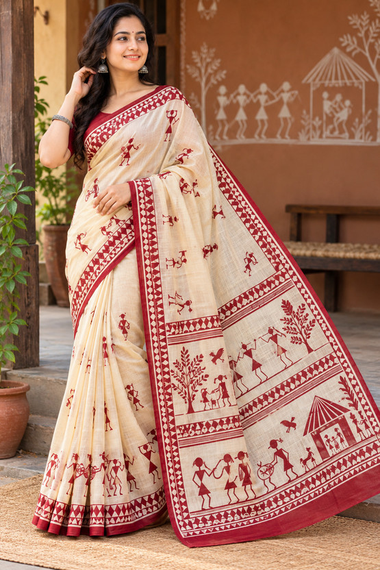 ADIVASI ADIVASI SHOP Floral Print Handloom Cotton Blend Saree(White, Red) - Flipkart Deal