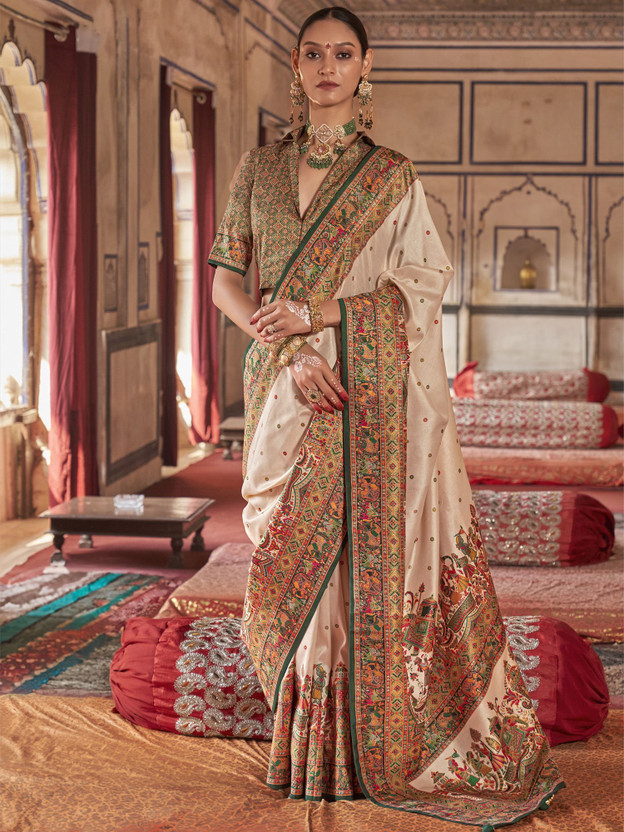 Elora Embroidered, Paisley, Printed, Woven Banarasi Silk Blend Saree(Multicolor)