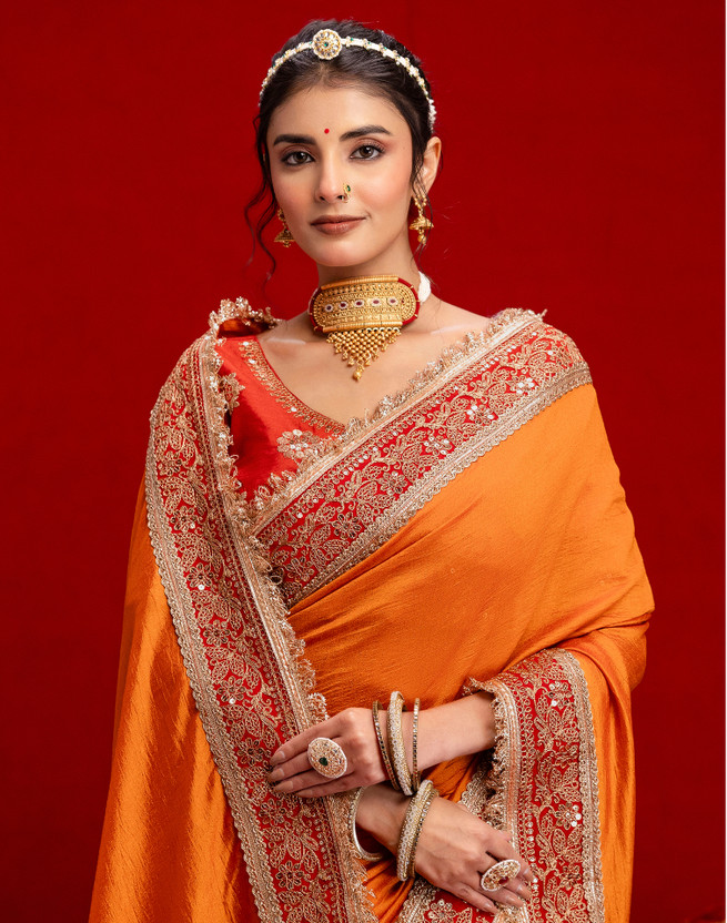 Satrani Embroidered, Embellished Bollywood Silk Blend Saree(Orange)