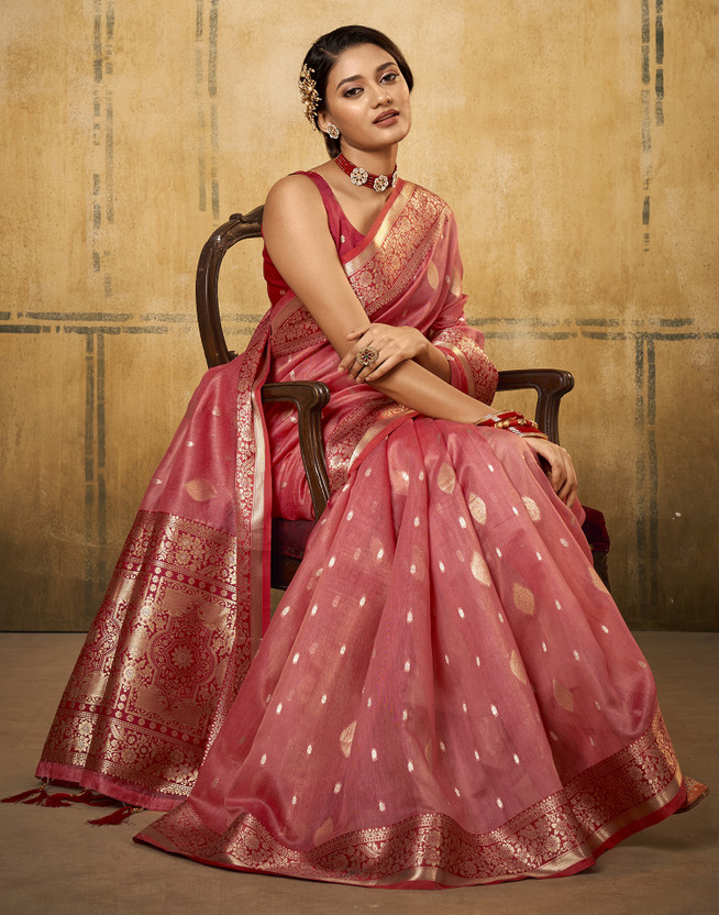 Samah Self Design, Woven, Embellished Banarasi Cotton Silk, Silk Blend Saree(Pink, Multicolor)