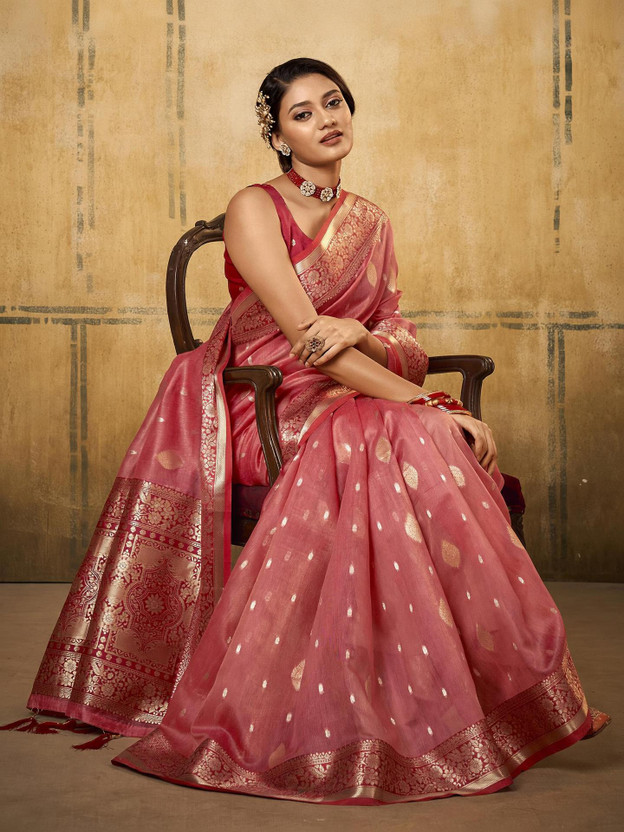 Samah Self Design, Woven, Embellished Banarasi Cotton Silk, Silk Blend Saree(Pink, Multicolor)