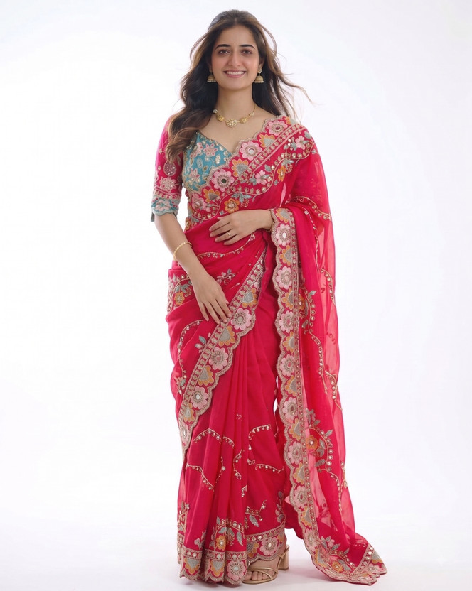 Celeb Styles Printed, Embellished Bollywood Silk Blend, Cotton Blend Saree(Multicolor)