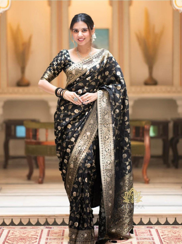 PHEASANT Woven, Embroidered Banarasi Jacquard, Art Silk Saree(Black)