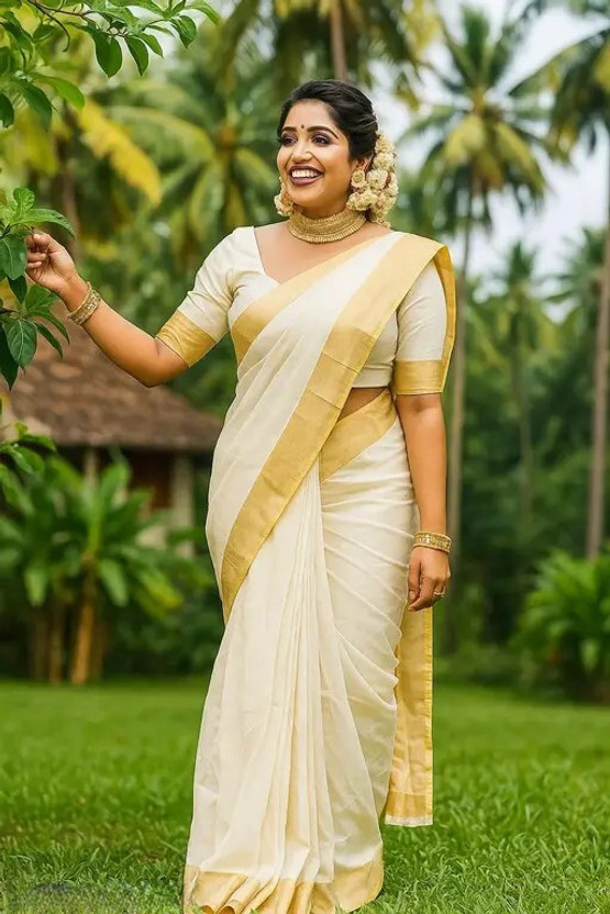 Svarnvastraa Solid/Plain Kasavu Cotton Blend Saree(White)