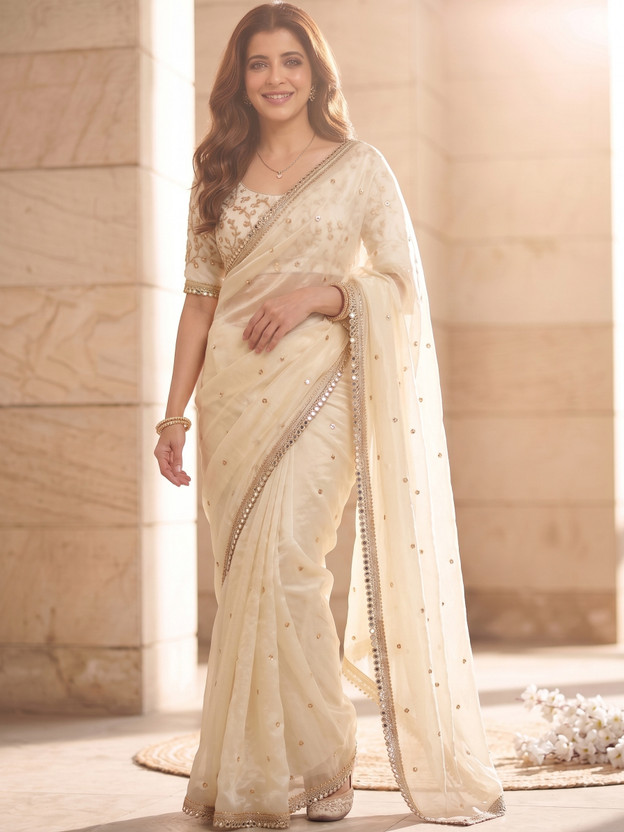 PBITAL Embroidered Bollywood Satin, Silk Blend Saree(Cream)