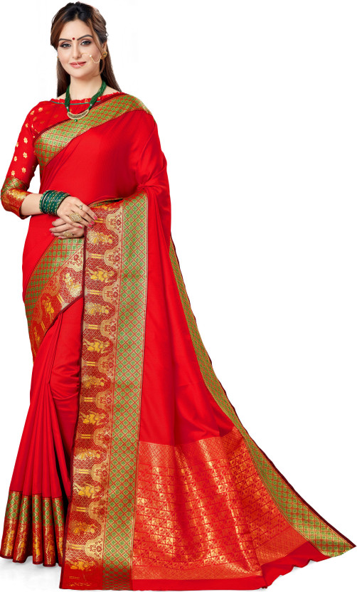 M.S.RETAIL M.S.RETAIL Woven Banarasi Silk Blend Saree(Red) - Flipkart Deal