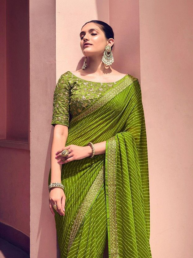 Satrani Printed, Embroidered, Embellished Bandhani Georgette, Chiffon Saree(Green, Gold)