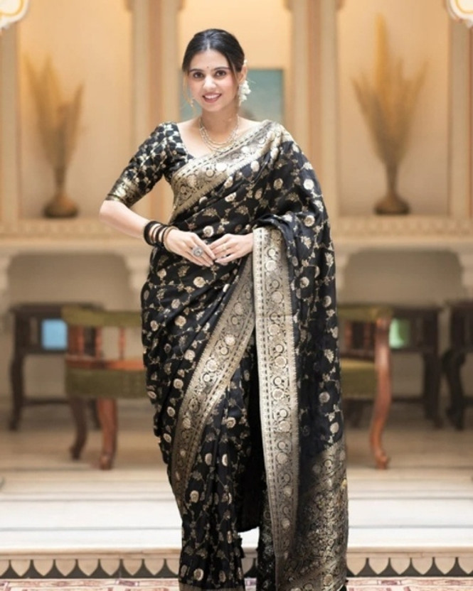 PHEASANT Woven Banarasi Jacquard, Art Silk Saree(Black)
