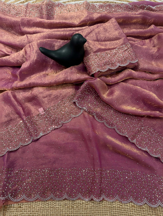 sadika sadika Embellished Bollywood Chiffon, Pure Silk Saree(Purple, Pink) - Flipkart Deal