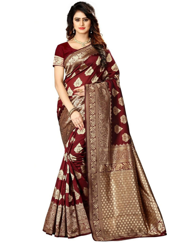 Shoppershopee Woven Kanjivaram Silk Blend Saree(Maroon)