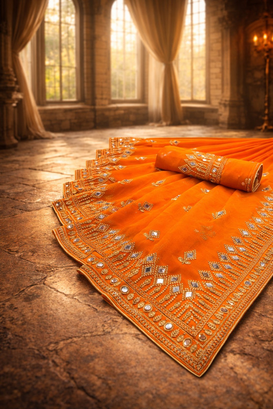 Disha Fashion Embroidered Banarasi Georgette, Silk Blend Saree(Mustard)