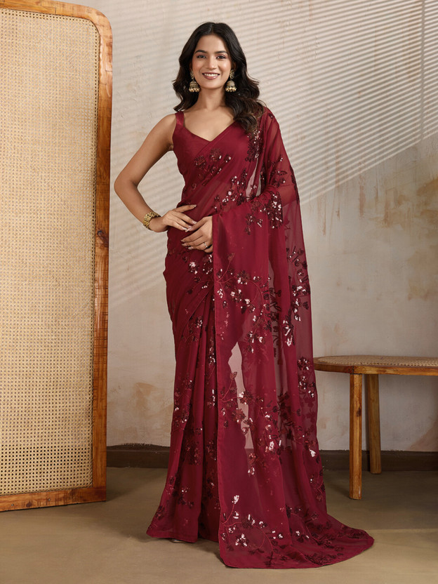 Clemira Self Design, Embellished Bollywood Georgette Saree(Maroon)