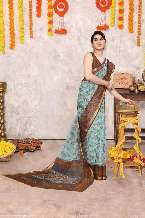 MIRCHI FASHION Printed, Floral Print Kota Doria Polyester Saree(Light Blue, Brown)