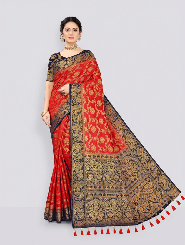 COSBILA FASHION Woven Banarasi Cotton Silk Saree(Red)