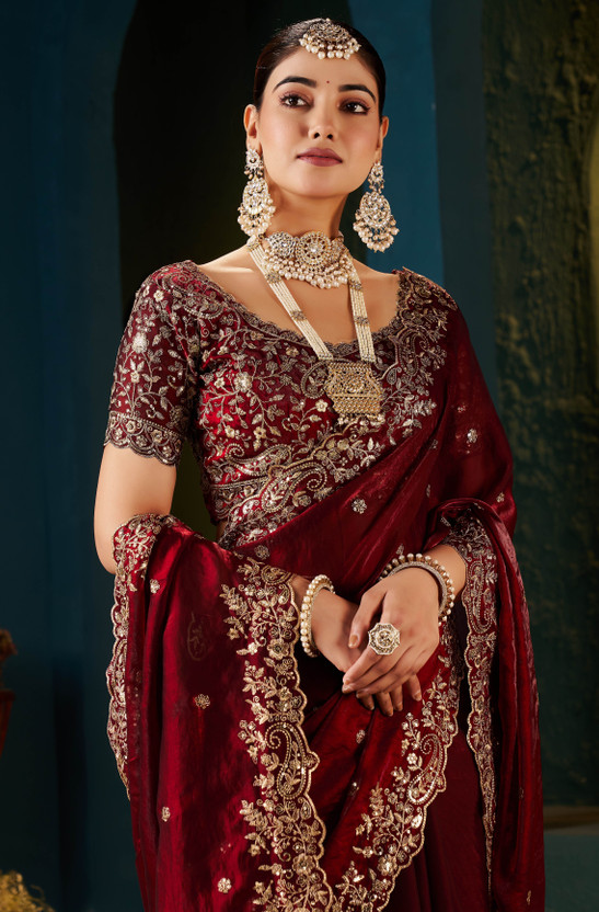 Vivan Fab Embroidered Bollywood Tissue, Satin Saree(Maroon)