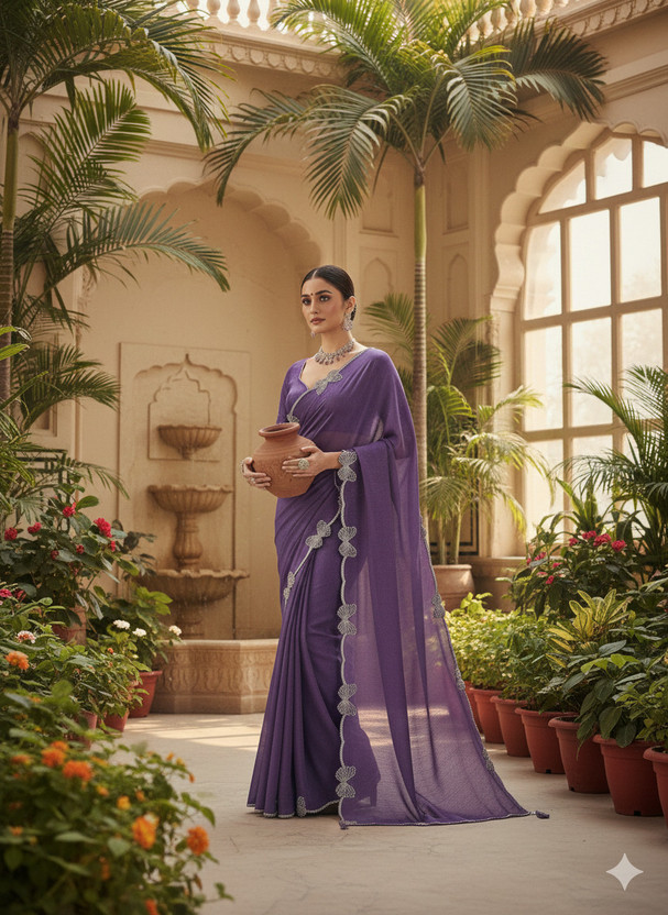 PRATYAMFASHION Solid/Plain, Embroidered, Floral Print, Self Design, Embellished, Temple Border Bollywood Jimmy Jimmy Saree(Purple)