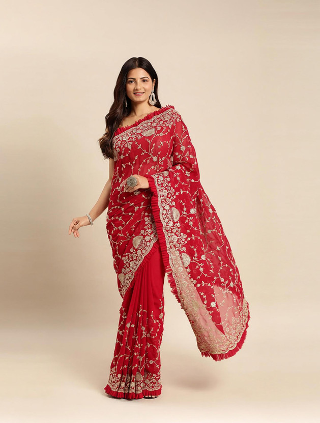KASEE Embroidered, Woven Bollywood Georgette Saree(Red)