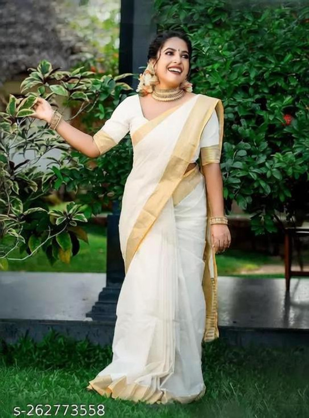 Goripati Fashion Solid/Plain, Woven Kasavu Cotton Blend Saree(White)