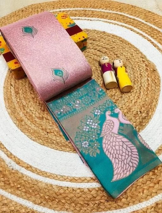 KanjiQueen Woven Kanjivaram Silk Blend, Pure Silk Saree(Pink, Light Green)