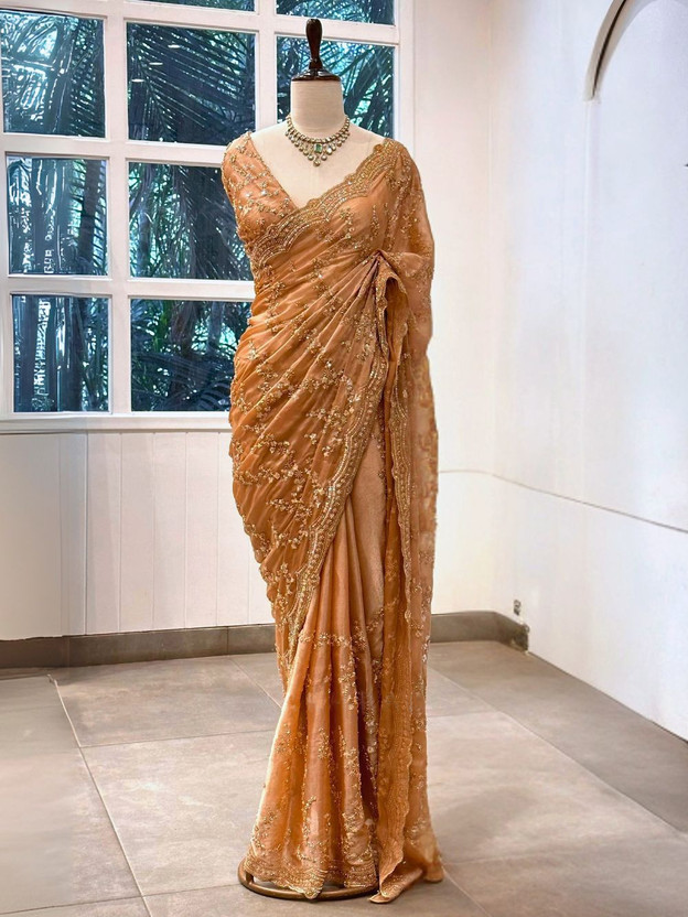 Riddhi textile Hub Embroidered Bollywood Organza, Tissue Saree(Brown)