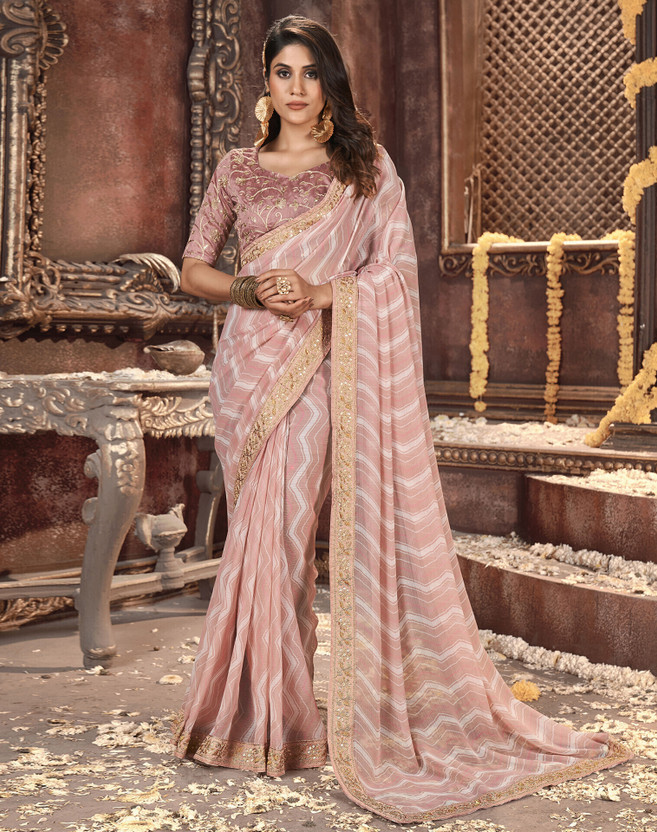 SIRIL Striped, Embellished Bandhani Georgette Saree(Pink, White)