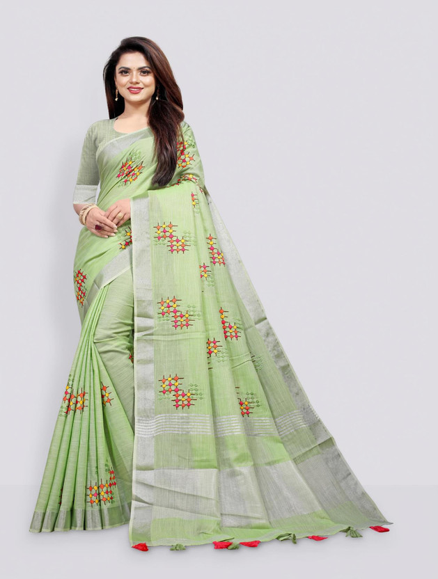 ALAGINI ALAGINI Embroidered, Floral Print Bollywood Cotton Linen, Pure Cotton Saree(Green) - Flipkart Deal