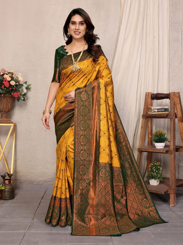 AVANTIKA AVANTIKA FASHION Woven Kanjivaram Pure Silk, Art Silk Saree(Yellow, Green) - Flipkart Deal