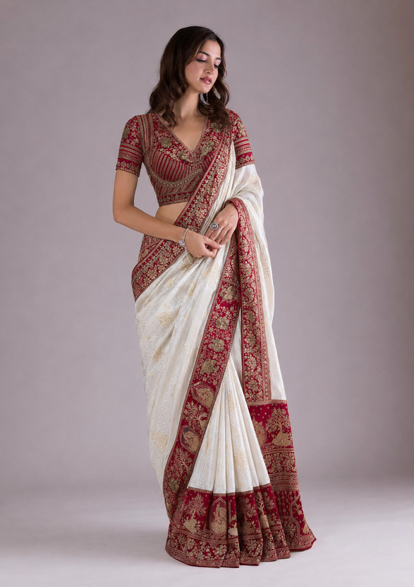 amolika sarees Embroidered Banarasi Satin, Viscose Rayon Saree(Red, White, Multicolor)
