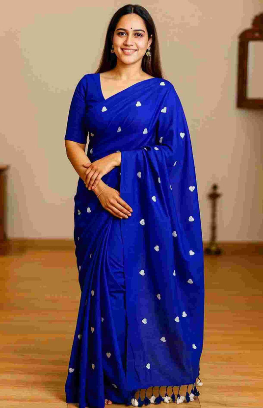 GARAISAREE Printed Handloom Cotton Blend Saree(Blue)