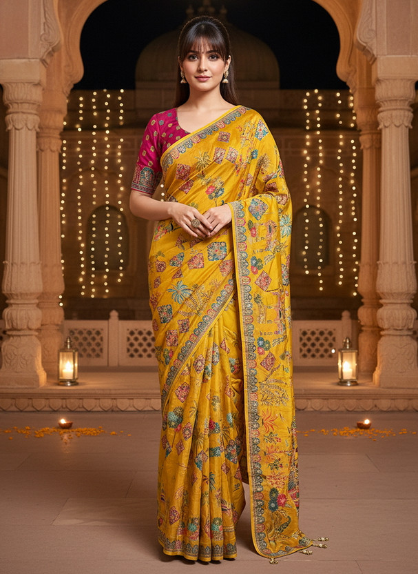 Sariya Printed Banarasi Pure Silk, Jacquard Saree(Yellow)