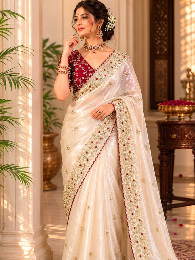JAKORA JAKORA Embellished, Embroidered Bollywood Satin Saree(Cream) - Flipkart Deal