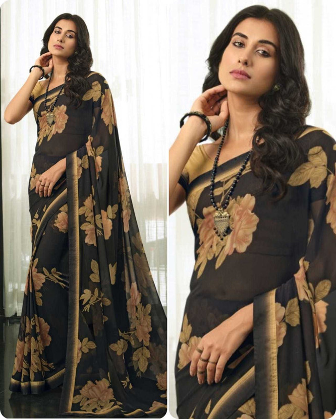 Wholesale bazar Floral Print Bollywood Georgette Saree(Black)