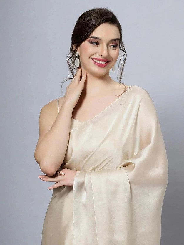 AVANSHEE Solid/Plain Bollywood Satin, Silk Blend Saree(Cream)
