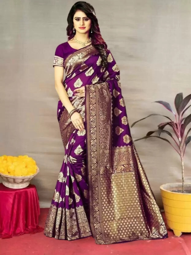 Shoppershopee Woven Kanjivaram Silk Blend Saree(Purple, Gold)